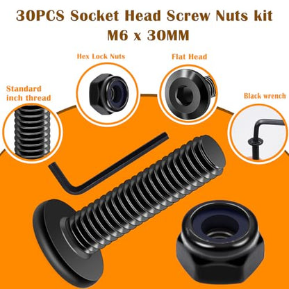 weideer 30pcs M6 x 30mm Nuts and Bolts Kit, Stainless Steel 18-8 (304) Flat Head Hex Socket Cap Furniture Bolts,Nylon Insert Hex Lock Nuts with Hex Spanner K-182 30pcs - size: M6x30mm, style: Flat Head Hex