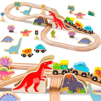 SainSmart Jr. Wooden Train Set Dinosaur Theme, Train Toys with 6 Kinds of Dinosaurs, Dinosaur Train Compatible with Brio, Thomas, Melissa & Doug – Perfect Wood Toy for Boys and Girls - style: Dinosaur