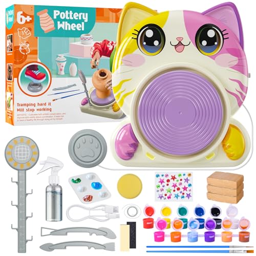 Roaxkois Pottery Wheel for Kids – Complete DIY Arts & Crafts Painting Kit with Air Dry Clay, Paints, Tools, Apron & Stickers – Creative Gift for Girls & Boys Ages 6 7 8 9 10 11 12+