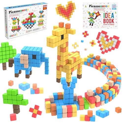 PicassoTiles 108 Piece Magnetic Cubes, 1 Inch STEM Building Set for Kids 3+ - style: 108pcs Puzzle Cubes
