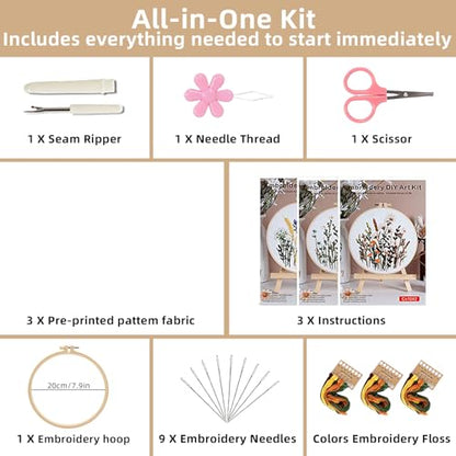 Herdiese Embroidery Kit for Beginners with 3 Floral Patterns - color: Flower-B (3 Pack)