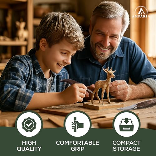 Wood Carving Kit – 29Pcs Whittling Knife Set with 9 Knives, Basswood Blocks w/Carved Guides, Safety Gloves, Whetstone, Stropping Leather & Roll Bag – AMPARIA Premium Tools for Beginner & Professional