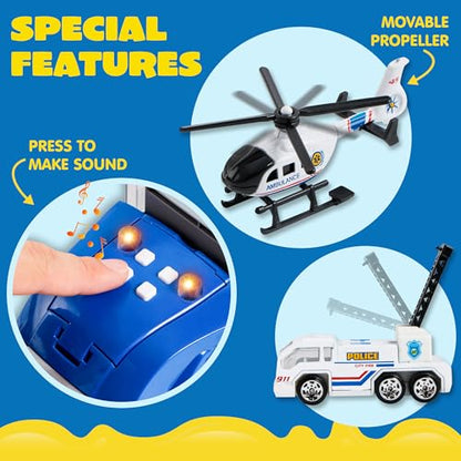 JOYIN 25 in 1 Police Rescue Truck Car Toy Set with Sounds and Lights, Mini Vehicles in Carrier Truck, Play Police Patrol Rescue Vehicle Toy, Birthday Gifts for Over 3 Years Old Boys - style: Police Truck
