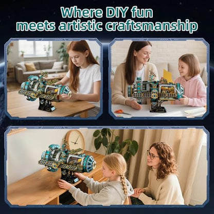 3D Wooden Puzzles International Space Station Model - Collectible Display Model with Interlocking Design, Motorized Solar Panels, Radar & Thrusters, LED Light Effects(Celestigon Station) - style: International Space Station
