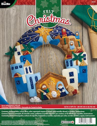 Bucilla Felt Applique Wreath Town of Bethlehem, Size 13 x 12.5-Inch, Blue, Brown, Gray - style: Classic
