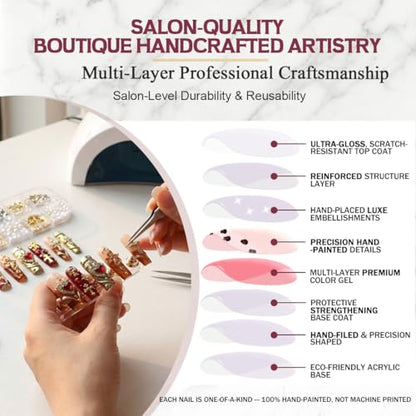 Handmade Gothic Press on Nails, Gold Cross Charm Long Square Nails, Luxury 3D Sacred Heart Angel Design False Nails, Reusable Full Cover 10pcs Set – Appife - color: Gilded Baroque, size: S