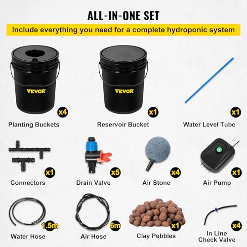 VEVOR 5 Buckets DWC Hydroponic System, 5 Gallon, Deep Culture, Plants Grow Kit with Pump, Air Stone and Water Level Device, for Indoor/Outdoor Leafy Vegetables, Black - style: 5 Buckets