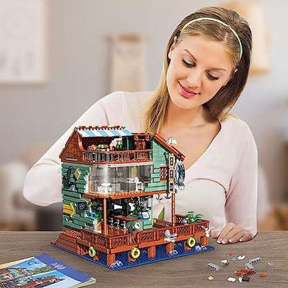 HSANHE Harbour Restaurant House Mini Bricks Building Kit, Ideas Creative Architecture Building Toys Birthday Gift for Adult Boys Girls -2096 Pieces (Not Compatible with Set) - color: Harbour Restaurant