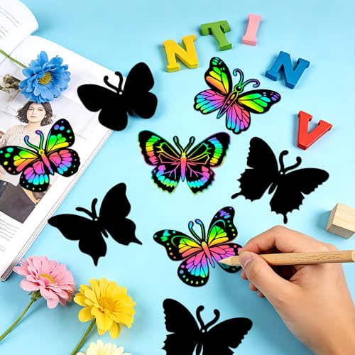 JULMELON 36 PCS Butterfly Scratch Cards, Rainbow Scratch Paper - style: Butterfly