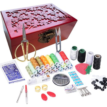 Wooden Sewing Kit Box, Wooden Sewing Box with Sew Kit Accessories - color: Retro Carved