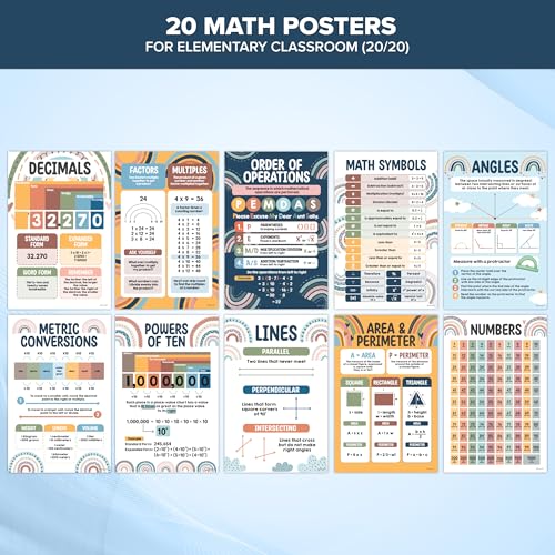 Decorably 20 Boho Rainbow Math Posters for Elementary School, 11x17in - style: Boho Rainbow