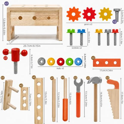 Kids Tool Set, 29 PCS Wooden Toddler Tool Box Workbench, Montessori STEM Educational Construction Pretend Play Toy, Birthday Gift for Ages 3-6 Year Old Boys Girls