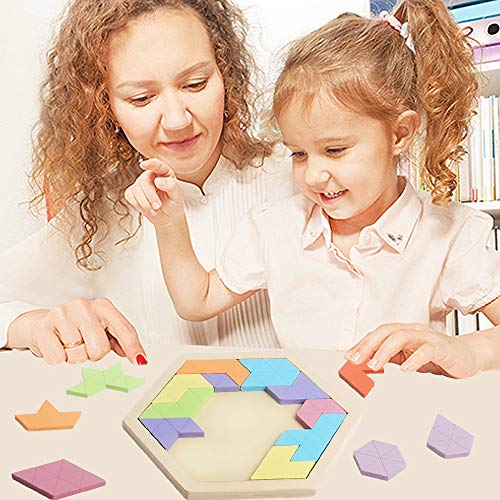 Wooden Hexagon Tangram Puzzle, STEM Educational Brain Teaser for All Ages - style: Puzzle 3- Pink