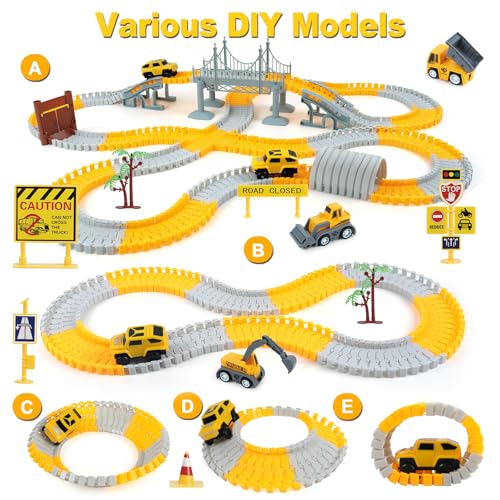 BEMITON Construction Race Track Toys for Kids - Birthday Gift for 3 4 5 6 7 Year Old Boys, 330+ PCS Track Playset with Electric Cars and Construction Trucks, DIY Engineering Road Building Sets - color: Yellow Construction Race Track