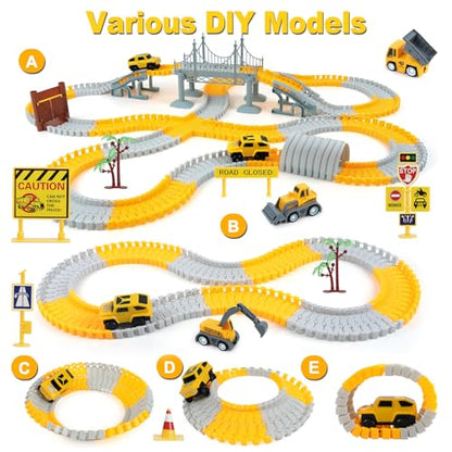 BEMITON Construction Race Track Toys for Kids - Birthday Gift for 3 4 5 6 7 Year Old Boys, 330+ PCS Track Playset with Electric Cars and Construction Trucks, DIY Engineering Road Building Sets - color: Yellow Construction Race Track