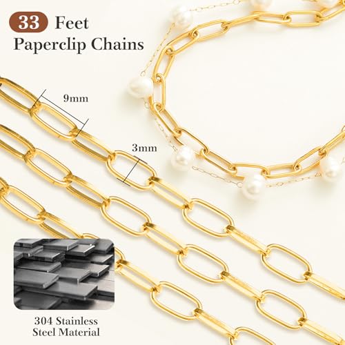 33 Ft 18k Gold Stainless Steel Paperclip Chains Roll - 3mm Width, Gold Plated Chain with Jump Rings & Lobster Clasps - color: Gold 18k 33 Feet 1 Roll 3mm
