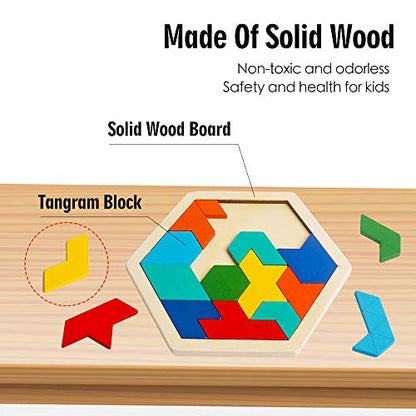 Wooden Hexagon Puzzle, Geometry Logic IQ Brain Blocks for Kids & Adults - style: Puzzle 2- Triangle Rainbow