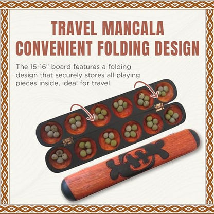 Africa Heartwood Project African Oware Mancala Board - Hand-Carved Solid Wood with Adinkra Symbol, Wooden Folding Mancala Design, 16" Board with 48 Grey, Green Tear Seeds and Playing Instructions