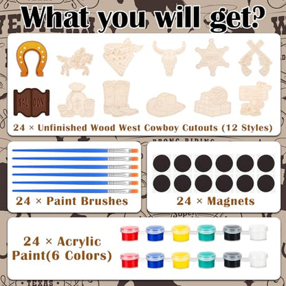 JellyArch 24 Pcs West Cowboy Wooden Painting Kits with Magnets, 12 Designs - style: West Cowboy