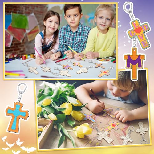 Trnayi 36 Pcs Religious Cross Wood Keychain Color Your Own DIY Craft - style: Religious Cross