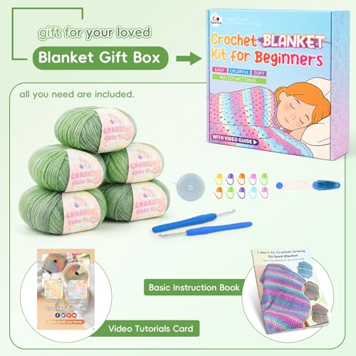 Aeelike Crochet Blanket Kit for Beginners, Easy Blanket Crochet Kits, Green - color: Gift Box-Moss Green Gradient