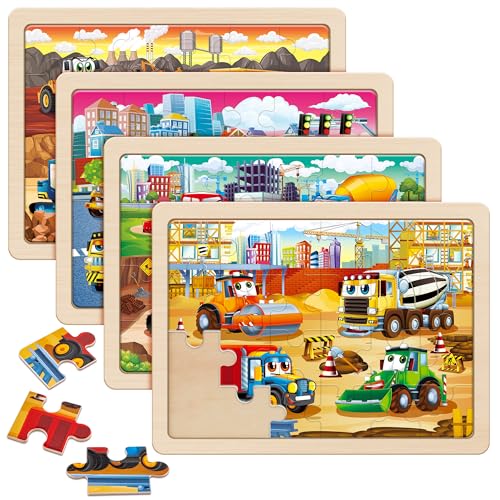 SYNARRY Large Wooden Construction Vehicle Puzzles for Kids Ages 4-6 - style: Construction Vehicle
