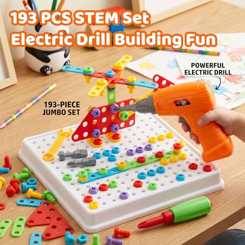 STEM Drill & Build Kit for Kids Ages 3-8 | Electric Toy Drill with 193+ Pieces (Screws, Nuts, Rainbow Fasteners) | Creative Design Construction Toys for Boys Girls | Gift for Birthdays, Christmas