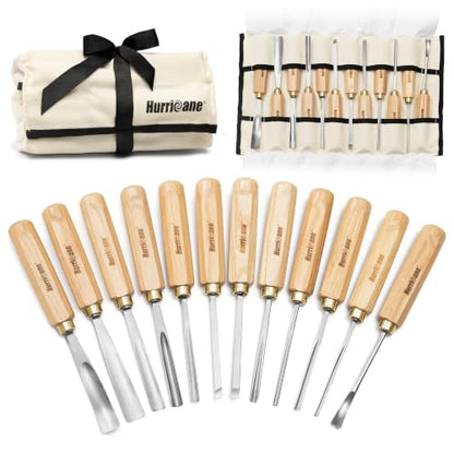HURRICANE 12-Piece Starter Wood Carving Tools Set, Professional Wood Carving Kit with Razor Sharp 60CRV Steel Blades, Ash Wood Handles & Canvas Case for Beginners Professionals Specialties