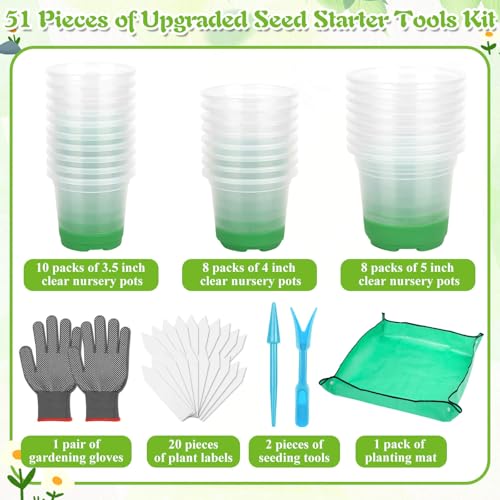 Caffox 51PCS Reusable Seed Starter Kit Includes 26 Packs 3 Sizes Clear Nursery Pots with Silicone Base, Repotting Mat, Gardening Gloves, Plant Labels and Seedling Tools for Easy Transplant - size: Assorted Sizes Clear Nursery Pots