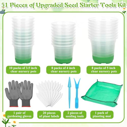 Caffox 51PCS Reusable Seed Starter Kit Includes 26 Packs 3 Sizes Clear Nursery Pots with Silicone Base, Repotting Mat, Gardening Gloves, Plant Labels and Seedling Tools for Easy Transplant - size: Assorted Sizes Clear Nursery Pots