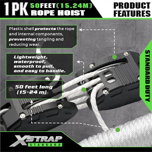 XSTRAP STANDARD Heavy-Duty 50 FT Reflective Rope Hoist Pulley System, White - color: 50ft White Upgraded