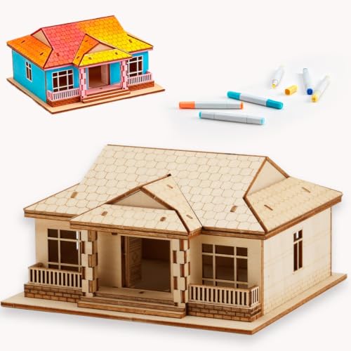 3D Wooden Puzzle House,DIY Beginner Villa Model Kit,3D Paintable Puzzle - color: Original Wood Color--one Layer