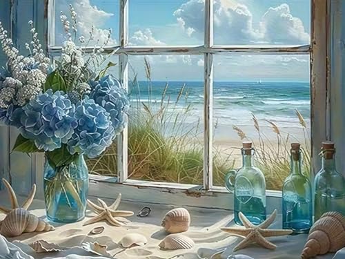 CHWGLFGG 5D Beach Window Diamond Art Kits for Adults Beginners 12x16in - color: KM1157-1