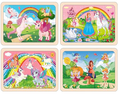 Wooden Jigsaw Puzzles for Kids Ages 4-6, 4-Pack 24-Piece Castle Puzzles Toy - color: Girls