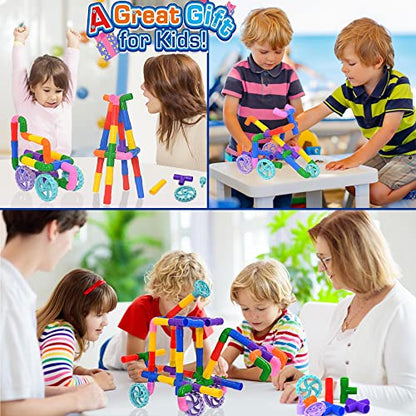 FUBAODA STEM Learning Pipe Tube Toys, Tube Locks Construction Building Blocks 96 Pcs - Multicolor Educational Building Blocks Set with Wheels& Spouts & Joints for Kids Ages 3+