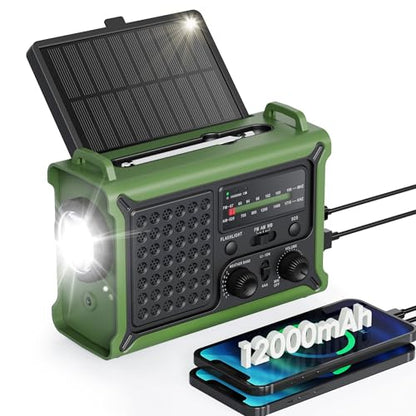 Emergency Weather Radio with Large Solar Panel, Real 12000mAh Battery - color: Army Green