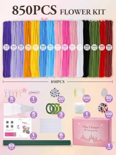 Pheravia 850pcs Pipe Cleaners Bulk Flower Kit, 15 Colors - color: Multicolor15
