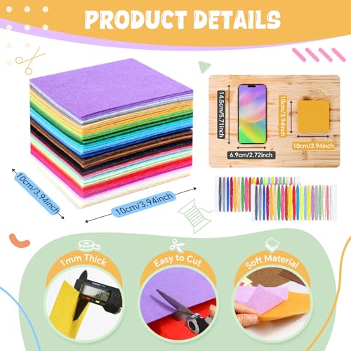 moinkerin 50 Pcs Felt Sheets with Thread 4"x4" 1mm Stiff Felt for DIY - color: 50 Colors, size: 4"x4"