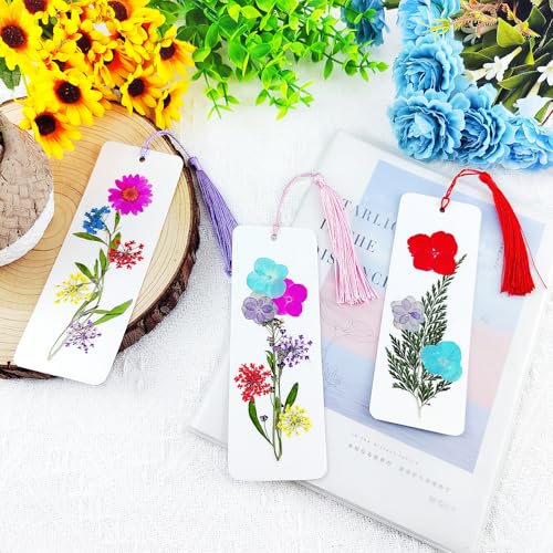Cardstock Blank Bookmarks Set, 12 Pcs DIY White Craft Bookmarks for Pressed Flowers, Dried Floral Book Mark Making Kit with Pressed Flowers, Tassels, Book Marks for Dried Floral (Elegant Style) - style: Elegant Style