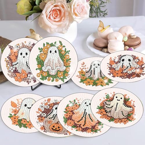 8 Pcs Diamond Art Coasters Kit for Adult with Holder, Diamond Coaster 4x4in - color: Ghost Coasters, size: 8 Pcs 4x4in