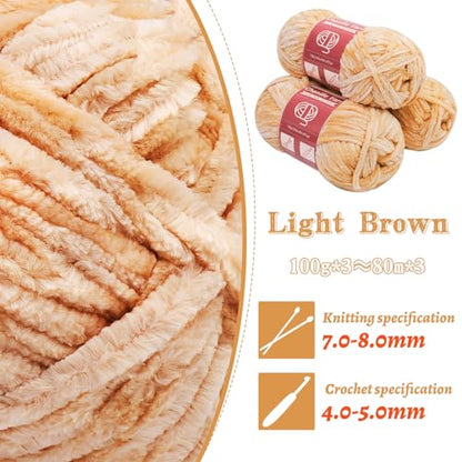 LUNARM Chenille Yarn 3 Pack 3.5oz Chunky Blanket Velvet Yarn 263 Yard - color: Light Brown