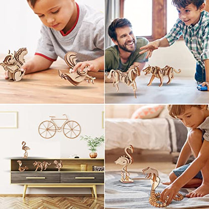 calary 3D Wooden Puzzle Simulation Animal Dinosaur Assembly DIY Model Toy for Kids and Adults,Set of 6 - style: C-Animals Assembly