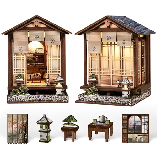 DIY Book Nook Kit, 3D Wooden Puzzle for Adults, Japanese Zen Garden Miniature House Model with LED Light, Creative Shelf Insert Decor & Arts Crafts Gift (Moss Lantern Harmony Garden) - style: Moss Lantern Harmony Garden