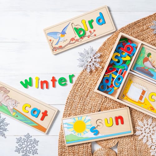Melissa & Doug See & Spell Wooden Educational Toy with 8 Double-Sided Spelling Boards and 64 Letters Preschool Learning Activities, See & Spell Learning Toys for Kids Ages 4+ - size: 13.9 x 9.2 x 1.75, style: English