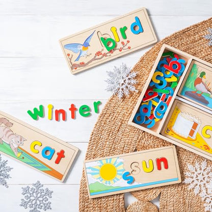 Melissa & Doug See & Spell Wooden Educational Toy with 8 Double-Sided Spelling Boards and 64 Letters Preschool Learning Activities, See & Spell Learning Toys for Kids Ages 4+ - size: 13.9 x 9.2 x 1.75, style: English