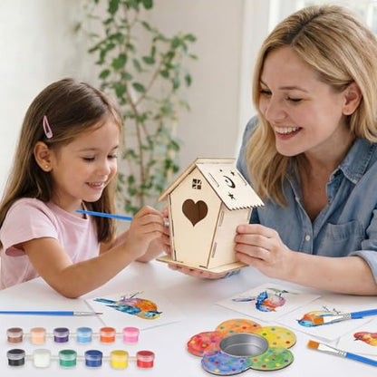 Sliner 4 Sets DIY Bird House Wind Chime Kit with Bird Feeder Build and Paint Unfinished Wood Birdhouses with Paints and Paintbrushes Art and Craft Kit for Party Favors Birthday Gifts