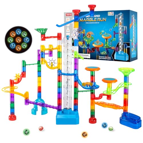 152pcs Glowing Marble Run Kit with Double Tracks Motorized Spiral Lift,2 Stunt Trampolines,30 Glow in The Dark Plastic Marbles & More. Building Project Toys, STEM Gifts for Boys&Girls.