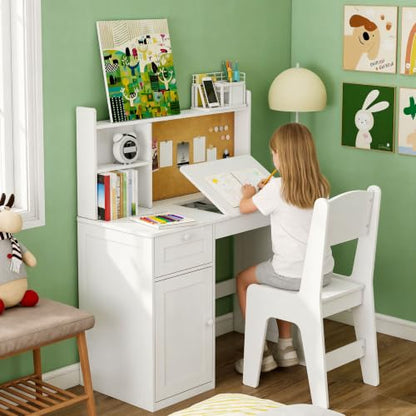 Kids Desk and Chair Set with 0-105° Tiltable Desktop for Ages 5-12, White - color: White, size: with Lift Up Hinge