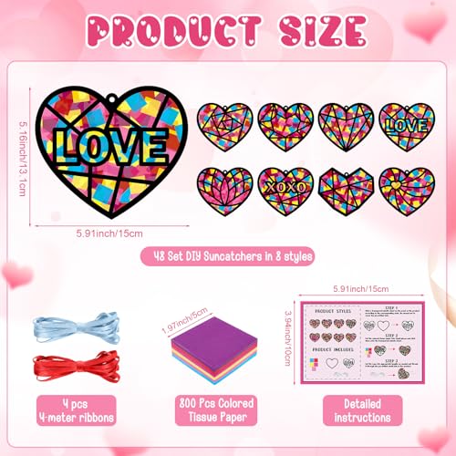 Tinlade 48 Set Valentine's Day Suncatchers Crafts Kit Valentines Heart DIY Window Stained Glass Tissue Paper Red Love Hanging Ornaments Make Your Own Suncatcher Summer Home School Classroom Activities - style: Valentines