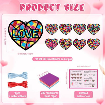 Tinlade 48 Set Valentine's Day Suncatchers Crafts Kit Valentines Heart DIY Window Stained Glass Tissue Paper Red Love Hanging Ornaments Make Your Own Suncatcher Summer Home School Classroom Activities - style: Valentines